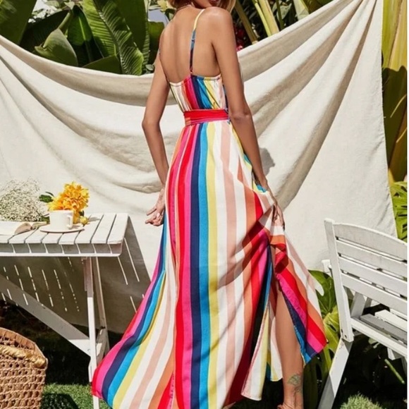 Boho Striped V neck Belted Cami Color Block Dress - Picture 3 of 5